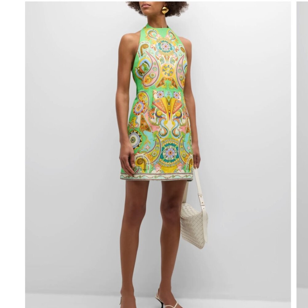 Alemais Size 8 Pinball Backless Tie-Neck Linen Silk Printed Mini Dress
